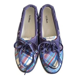 L.L.Bean Plaid Canvas Boat Shoes Women's 9M Blue Red Casual Deck Sneakers